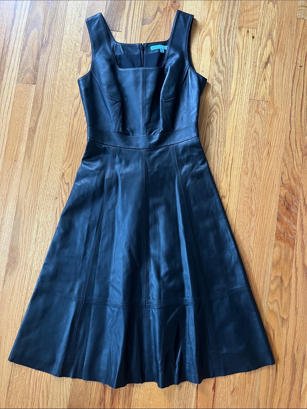 ANTONIO MELANI Black Leather Midi Dress with Square Neck